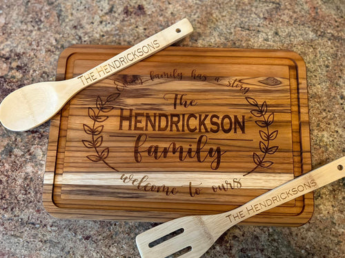 Cutting Board set - Cutting board with custom family name includes spoon and spatula